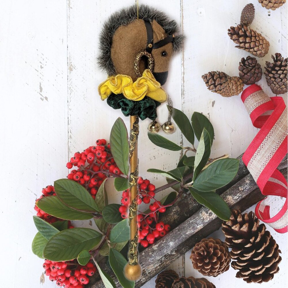 Christmas Tree Ornament Hobby Horse with Yellow and Green Ruffle and Jingle Bell